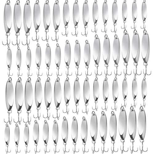HESTYA 40 Pieces Fishing Lures Spoons Fishing Metal Saltwater Treble Trout Lures Hard Metal Spinner Baits 5 Sizes Casting Spoon Hooks for Salmon Bass in 1/5 1/4 3/8 1/2 3/4 oz (Silver)