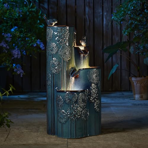 Glitzhome 31.75" H Outdoor Water Fountain with LED Lights and Pump, 4 Tier Dandelion Texture Vase Shaped Ceramic Floor Standing Fountain with Birds for Porch Deck Garden Patio Backyard, Turquoise