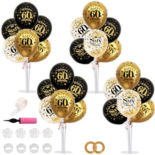 TONIFUL 4 Set Black Gold Balloon Stand Kit for Birthday Decorations for 60th,Balloon Centerpieces for Table Party Decorations Cheers to 60 Years Old Birthday for Men and Women