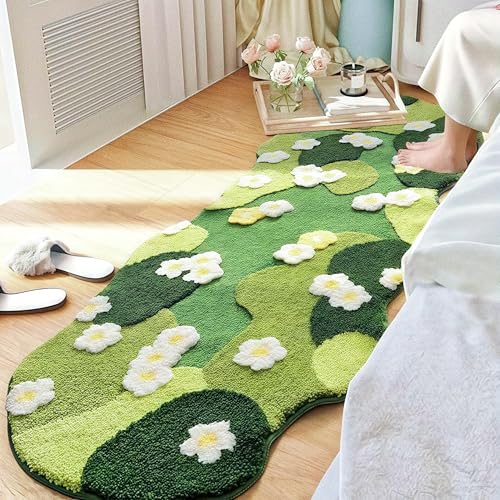 Cute Moss Floral Bath Rug, Non-Slip 3D Moss Carpet, Soft Washable Water Absorbent Mat for Bathroom, Bedroom, Kitchen, Living Room(A, 63x23.6ft)