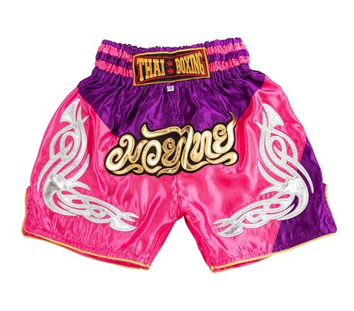 MUAY NATION Kids Muay Thai Boxing Trunks for Boys & Girls (9 Years, 12 Years, PRM Pink/Purple)