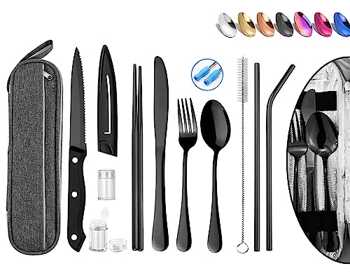 Stainless Steel Portable Reusable Travel Utensils with Case - Flatware Cutlery Set, Chopsticks, Straw - Black