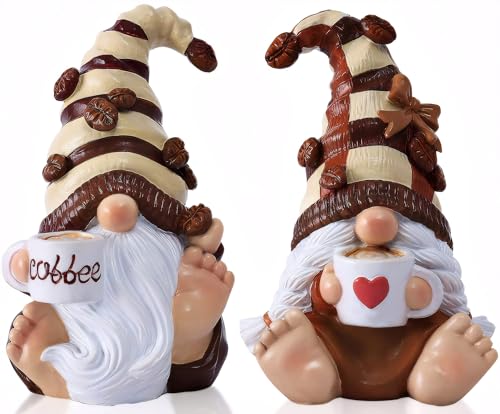 2PCS Coffee Gnomes Figurines Home Christmas Decoration Fall Gnomes Coffee Bar Accessories Decor Elfs Statue Cute Resin Housewarming Gifts for Women Tiered Tray Table Ornament,Sit 4.7H