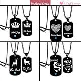 Customize Dog Tag ID Couple Necklace Crown Her King His Queen Pendant Birthday Gift for Men and Women Matching Jewelry Personalized Memorial Couples Pendant Titanium Stainless Steel Black Box Chain