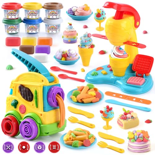 PLAY 2 in 1 Color Dough Kitchen Creations Set, Ice Cream Noodle Maker Color Dough Sets for Kids Ages 4-8, Kitchen Food Toys for Boys Girls Kids Toddlers Ages 3+, with 18 oz Multicolor Clay