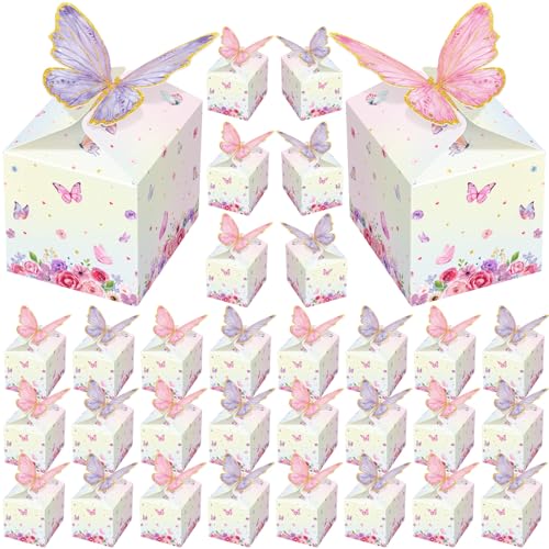 Qilery 48 Pcs Butterfly Party Favor Treat Boxes Pink and Purple Floral Goodie Gable Candy Box Gift Boxes Paper Butterfly Decorations for Birthday Party Supplies Chocolate Present Wedding Baby Shower