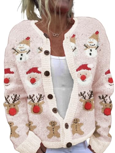 Women's Funny Fall Winter Long Sleeve Christmas Tree Elk Santa Claus Xmas Button Knit Cardigan Sweater Vintage Knitted Outerwear(Christmas-Winter,M)