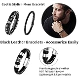 LOWNOUR Black Leather Bracelets for Men Women 5pcs Mens Bracelet Leather and Steel Braided Cuff Bracelets