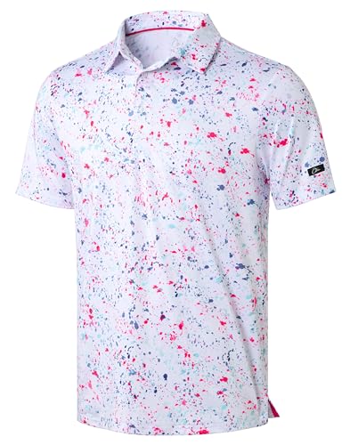 Obla Mens Golf Polo Shirts Short Sleeve Dry Fit Performance Moisture Wicking Casual Print Collared Golf Shirts for Men(White Colored Dots_L)
