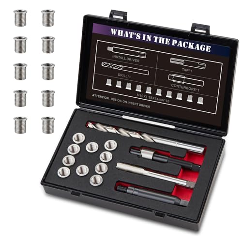 SENNMONN M10X1.25 Thread Repair Kit with 14mm Insert HSS Drill, Tap, Counterbore,Installation Driver,Stainless Steel Insert M10*1.25 * 14mm *10PCS