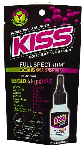 KISS Molecular Super Bond - Adaptable Cyanoacrylate - Waterproof, Flexible, Rigid, Medium Viscosity - CA - Bonds Wood, Leather, Shoe Rubber, PVC, Vinyl, Glass, Ceramic, Metal - 20g Bottle