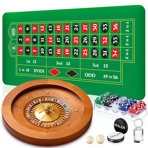 20'' Wooden Roulette Wheel Game Set Include 20'' Solid Wood Wheel with 4 Roulette Balls 35" x 16" Rubber Portable Tabletop Layout Mat 100 Chips Marker Dealer Button