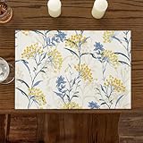 Dining Table Placemats Set Of 6(Cotton Linen),Vintage Floral Plant,Heat Resistant Non-Slip Table Mats,Yellow Blue,Indoor Outdoor Table Placemat for Holiday Banquet Kitchen Table Decor,Machine Washable