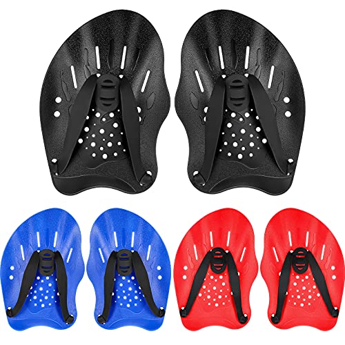3 Pairs Swim Paddles for Lap Swimming, Hand Paddles with Adjustable Straps Hand Fins Flippers for Adult Men Women Children Pool Training Accessories(Red, Blue, Black)
