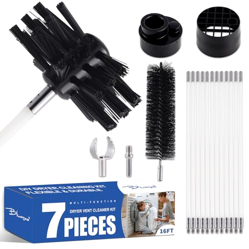 Bluesea 7 Pieces 16 Feet Dryer Vent Cleaner Kit, Reinforced Nylon Dryer Vent Cleaning Kit, Durable Dryer Vent Brush Vacuum Attachment with Flexible Lint Trap Brush, Vacuum & Dryer Adapters Upgrade