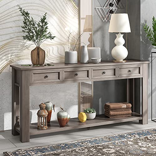 Console Table Hallway Sofa Entryway Side Table 63" Long Furniture with 4 Drawers and Bottom Shelf for Living Room Home Decor (Gray Wash)