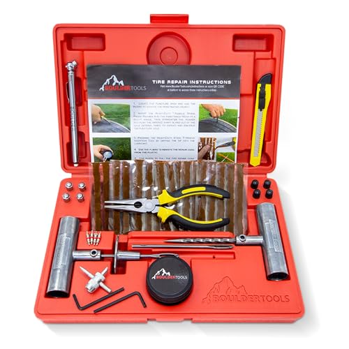 Boulder Tools | Heavy Duty Tire Repair Kit - Flat Tire Patch Kit, Tools for Quick and Easy Repair - Tire Plugs Kit Suitable for Car, Truck, RV, SUV, ATV, Motorcycle, Tractor, Bike & Trailer