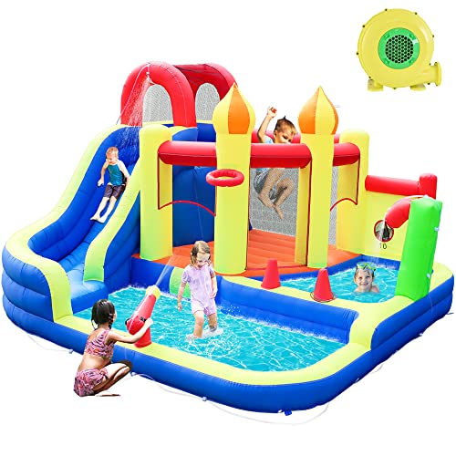 JOOLOOG Blow Up Water Slides for Kids Backyard, Large Jumping Bouncy Castle for Kid Outdoor, 8in1 Inflatable Bounce House with 450W air Blower