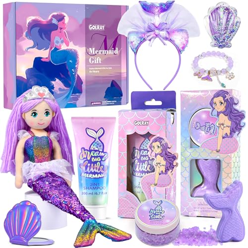 Golray Mermaid Gift for Girls Bath Set Kids Beauty Care Spa Kit with Shampoo/ Bath Bomb Salt/ Mermaid Doll/ Mirror/ Brush, Mermaid Toys Kids Teenage Christmas Birthday Gift for Teen Girl 6 7 8 9 10-12