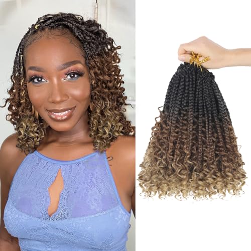 8 Packs Boho Crochet Box Braids with Curly Ends - 8 Inch Goddess Boho Box Braids Crochet Hair for Black Women 3X Boho Crochet Braids Pre Looped Ombre Color(1B-30-27)