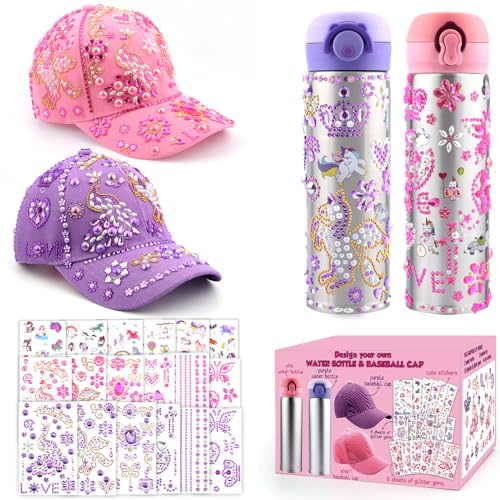 Gifts for Girls 5 6 7 8 9 10 11 Year Old, Birthday Gifts Girl Ages 4-12, Decorate Your Own Water Bottle Baseball Cap with Gems Unicorn Stickers, Unicorn Water Bottles for Girls 8-10 to School Kids