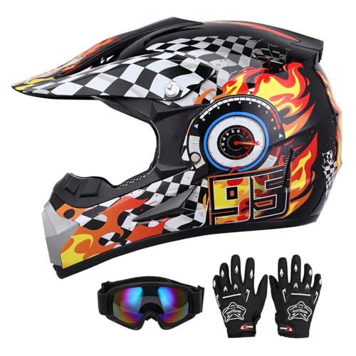 OUMURS DOT Youth Dirt Bike Helmet with Goggles & Gloves for 5-14 Years Old, Kid ATV Helmet for Youth Boys Girls, Four Wheeler Helmet Kids, Motocross BMX MX UTV Offroad Street Go Kart Riding Dirt Bike