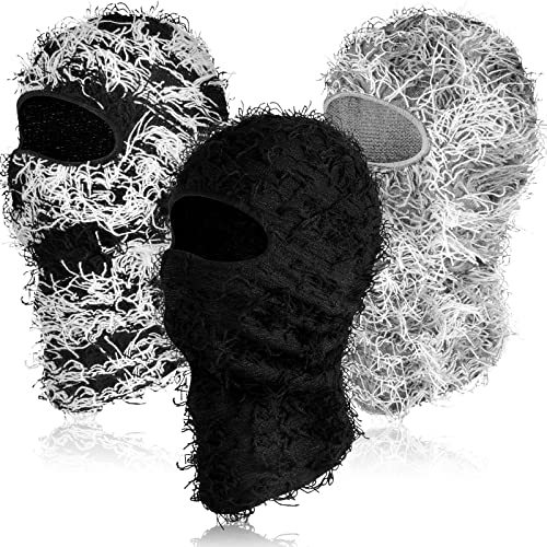 Newcotte 3 Pcs Distressed Balaclava Full Face Ski Mask Cool Knitted Balaclava Windproof Ski Mask for Men Women Cold Weather (Black, Gray White Mixed, Black White Mixed)