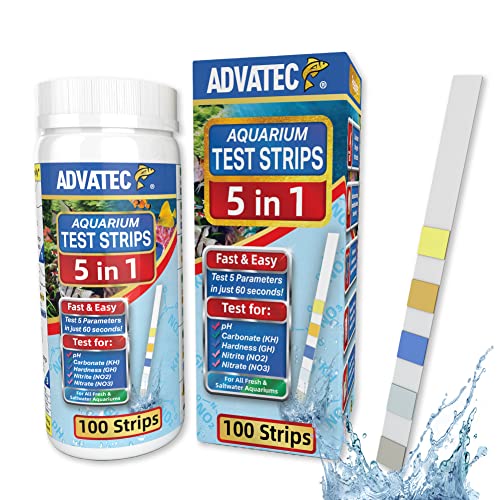 5 in 1 Aquarium Test Strips Kit for Freshwater & Saltwater - Water Fish Tank Tester for pH, Carbonate, General Hardness, Nitrite & Nitrate - 100 Count