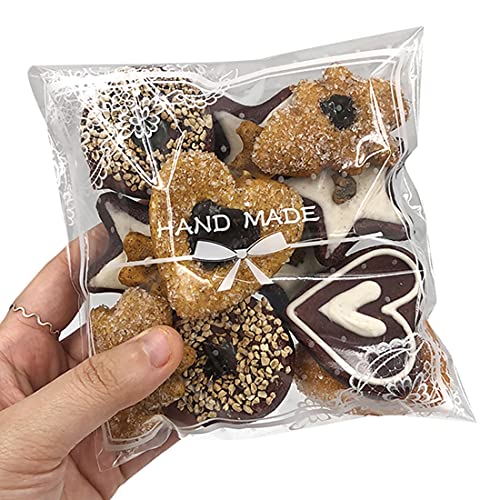 Artboil 200pcs Clear Lace Bowknot Self-Adhesive Treat Bags – Elegant Cellophane Cookie & Candy Bags for Bakery, Wedding & Party Favors