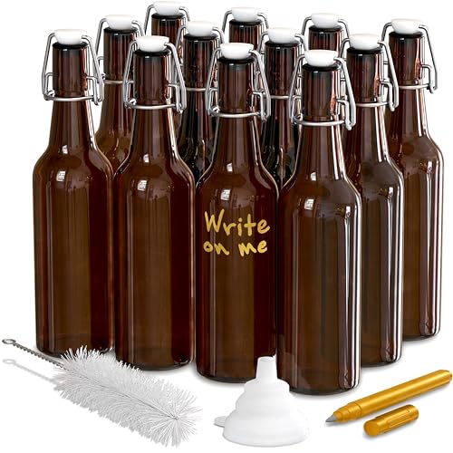 Nevlers 12 Pack of Amber Glass Beer Bottles for Home Brewing 16 oz - The Glass Bottles with Caps comes with a Funnel, Brush & White Marker - Great Amber Bottles & Empty Bottles for Beer Brewing