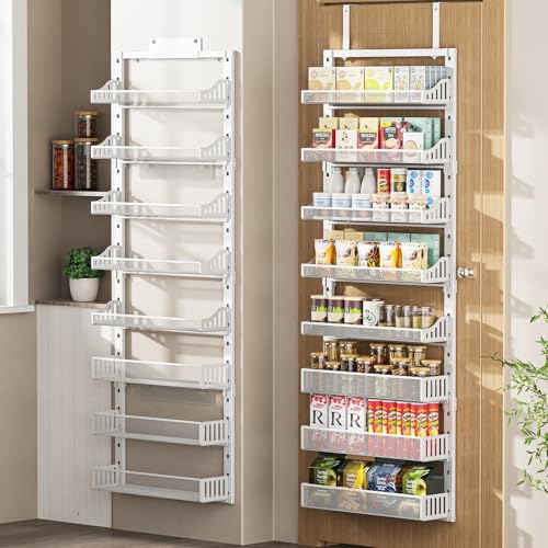 Over the Door Pantry Organizer 8-Tier, Large Metal Door Spice Rack with Adjustable Basket, 2 in 1 Wall Mount or Hanging Heavy-Duty Pantry Door Storage Shelf for Kitchen and Bathroom, White