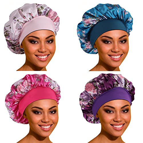 Satin Bonnet Hair Bonnet for Sleeping- 4 Pack Large Silk Bonnets for Black Women with Elastic Soft Band for Hair Care