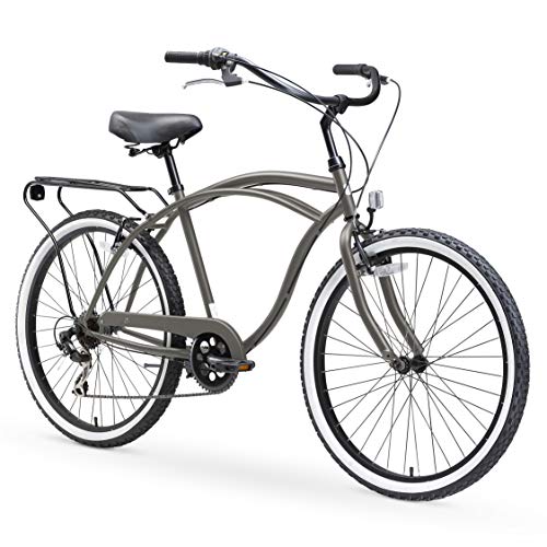 sixthreezero Around The Block Men's Beach Cruiser Bike, 7-Speed Hybrid Bicycle with Rear Rack, 26 Inch Wheels, Matte Grey