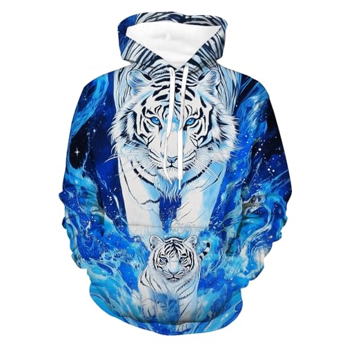 GANMP Unisex Hoodies 3D Print Tiger Pullover Hooded Sweatshirt Hoodies with Big Pockets for Men Large