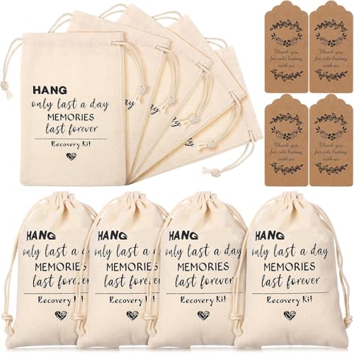 30 Pcs Cotton Muslin Party Favor Wedding Bag 4 x 6 Inch Hangover Bachelorette Bags Drawstring Survival Recovery Kit Bag with Gift Tags for Wedding Bridal Bridesmaid Groomsman Gifts (Retro Pattern)