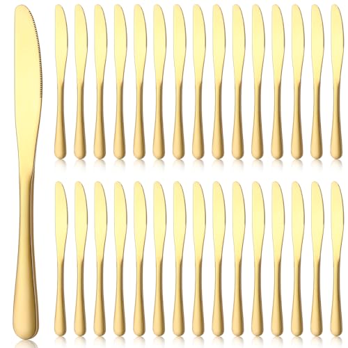 Gisafai 30 Pcs 9 Inch Steak Knives Serrated Stainless Steel Steak Knife Butter Knife Heavy Duty Dishwasher Safe Dinner Knives for Kitchen BBQ Party Home Restaurant Wedding (Gold)