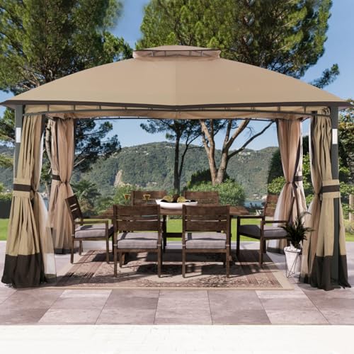 Covered Outdoor Outdoor Living Spaces 11'x13' Gazebo Outdoor with LED Lights Waterproof Canopy with Netting and Curtains Double Roof Soft Top Canopy Tent Pergola for Patio Lawn