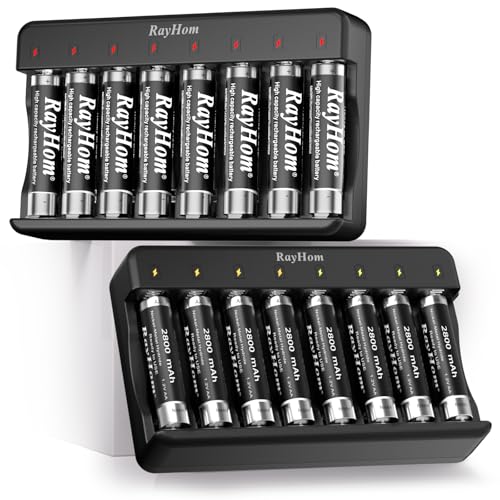 Rechargeable AA Batteries with Charger mAh High Capacity Ni-MH Rechargeable Double A Batteries, 2Pack 8 Slots Battery Charger for Ni-Mh/Ni-Cd Rechargeable Battery
