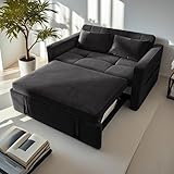 YITAHOME 55" Convertible Sofa Bed, Velvet Sleeper Sofa with Pull-Out Bed, 3-in-1 Futon Couch with Reclining Backrest and Side Pocket, Modern Loveseat for Living Room, Black, Full Size