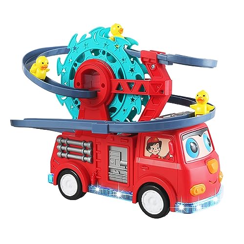 NEXTAKE 2 in 1 Fire Engine Slide Set, Automatic Duck Race Track With Rotating Ferris Wheel, Fire Truck Toy With Universal Wheel, Movable Eyes, Music & Lights