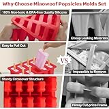 Miaowoof Homemade Popsicle Molds, 10-Cav Non-BPA Silicone Ice Pop Maker, with 50 Sticks, 50 Bags, 10 Reusable Sticks, Funnel, Brush and Ice Pop Recipe (Red)