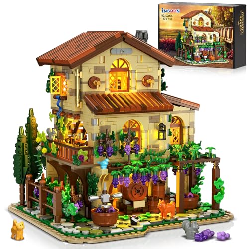 INSOON Winery Chateau House Building Set with Lights, Vineyard Castle Construction Model Home Decor, 1826 PCS Vine Estate Autumn Cabin Building Block Kit, Birthday Gift for Adults Teens Boys Girls