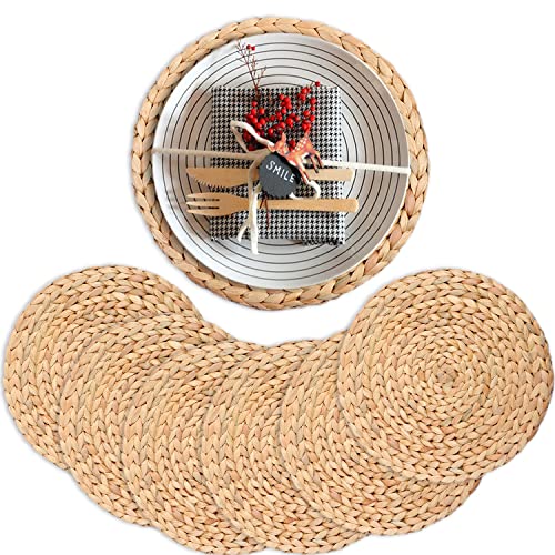 Round Placemats Set of 6, Boho Table Mats Set of 6, Woven Placemats for Round Table, Chargers for Dinner Plates, Wicker Place Mats, Water Hyacinth Plate Mat, Individuales para Mesa De Comedor, 11.8in