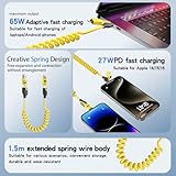 LSGAE 4 in 1 Spring Fast Charging Cable (2Pack), 65W USB-C PD Multi Fast Charging Cable, 1.2m/4ft Coiled Retractable Charging Cable for iPhone Samsung Laptop Multi Device Charging -Yellow+Green