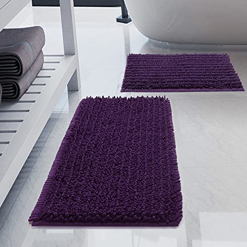 H.VERONNEX Luxury Chenille Plum Bathroom Rugs Sets 2 Piece, Thickened Hot Melt Rubber Bottom Bath Mats for Bathroom Non Slip,Bath Rugs Quick Dry Machine Washable for Shower Mat (32"x20"+17"x24")