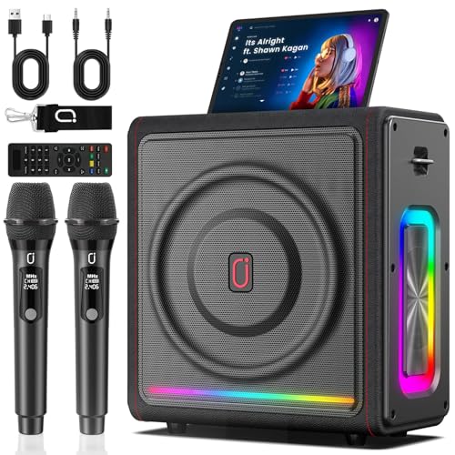 Karaoke Machine with 2 Wireless Mics | Bluetooth 5.3 Speaker with Bass/Treble/Echo Adjustment & Pitch Correction | PA System with RGB Lights, Supports TV/TF Card/USB/AUX/Live/REC for Home Parties