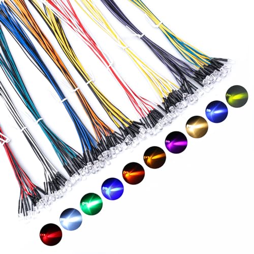 DiCUNO 100Pcs (10 Colors × 10Pcs) 5MM Pre Wired 12V LED Diodes, 9.4 Inch/24CM Ultra Bright Light Emitting Diodes Assorted Color Kit Box for Circuit Science Experiment, DIY Lighting Projects