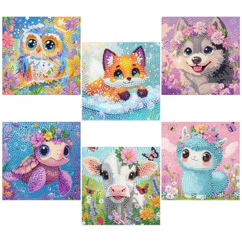 ShiCattle 6 Pack 5D Cartoon Diamond Painting Kits for Beginners, Cute Animals DIY Diamond Art Kit, Full Round Drill Big Gem Art, Home Wall Decoration 6X6 inch