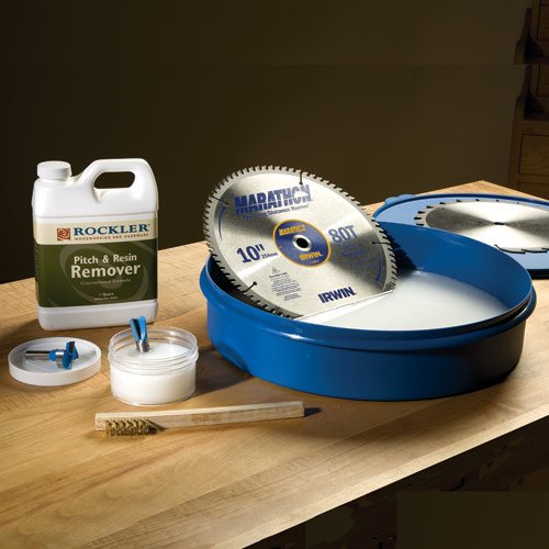 Router Bit, Saw Blade Cleaning Tool Kit – Set Includes 14" Blade Bath w/ Lid, Quart of Pitch, Resin Remover, Brass-Bristled Scrub Brush, & Plastic Jar w/ Lid for Cleaning Bits - Workshop Accessories