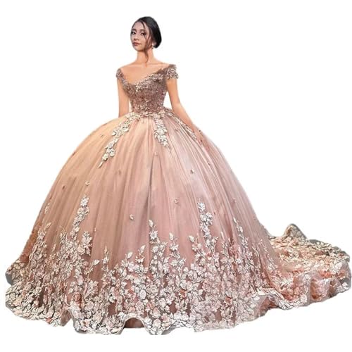 Mouccy Floral Blush Pink Quinceanera Dresses with Train Glitter Lace Sweet 16 Dress Sparkly Pearly Off Shoulder Ball Gowns Size 6
